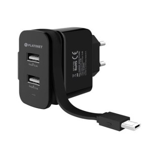 PLATINET Ładowarka 2xUSB 3,4A 44653 +zwijany kabel micro  sieciowa