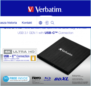 VERBATIM Nagrywarka BLU-RAY zewn 43888 Ultra hd 4K Slimline USB 3,1 USB-C